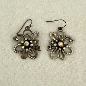 Chicos Flower Rhinestone Dangle Earrings Silver Tone Patina Boho Festival Style